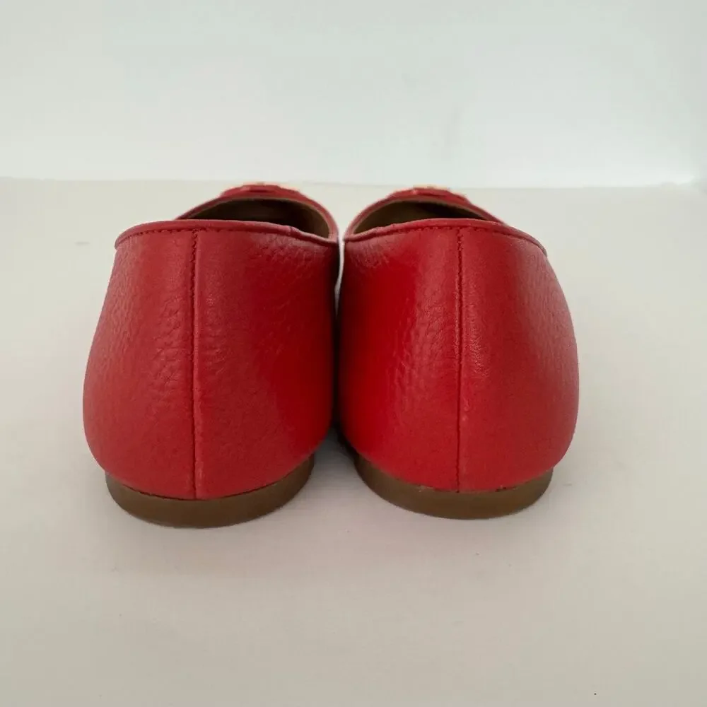 Tory Burch Claire Ballet Flats Round-Toe Brilliant Red Tumbled Leather 7.5M